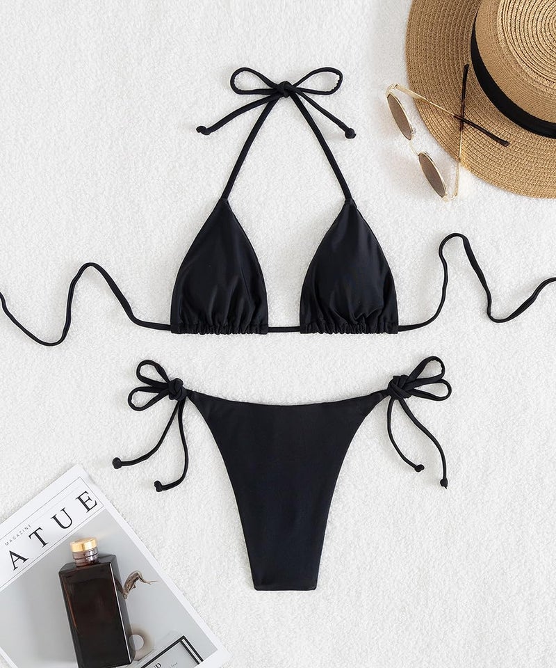 Tainehs Women's Sexy Halter Thong Bikini Tie Two Sides Bottom Triangle Bikini Swimsuits Black - Image 5